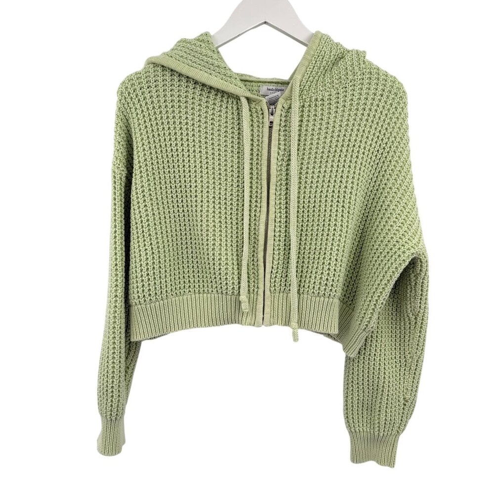 Haute Hippie chunky knit cropped zip front cardigan size large mint green hood